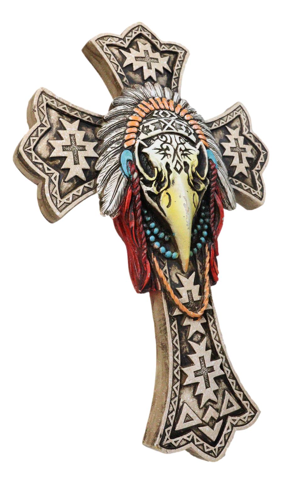 Southwestern Rustic Native Tribal Raven Crow Skull Headdress Roach Wall Cross