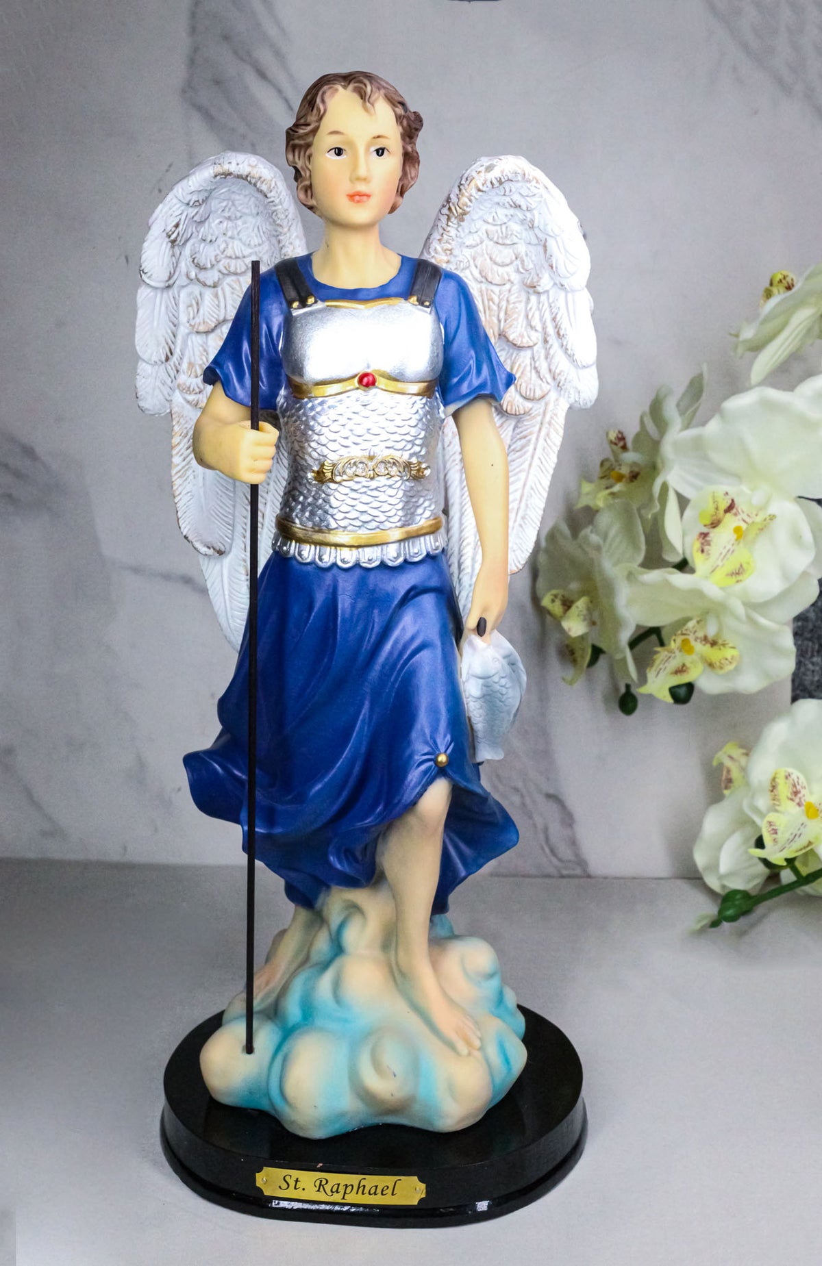 Archangel Saint Raphael Holding Staff And Fish Statue With Name Base 12"H - Ebros Gift