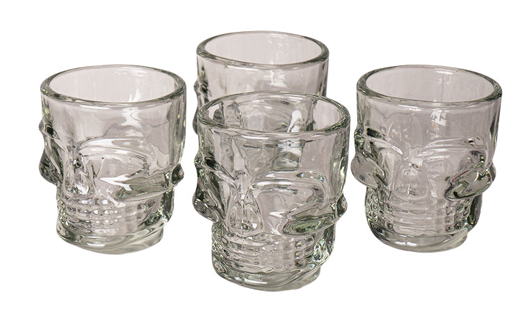 Set of 4 Clear Glass Gothic Skeleton Skull Face Liquor Shot Glasses Shooters