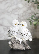 Snowy Owl Couple Figurine 5.5-Inch White Kissing Owl Statue on Snow-Covered Rock