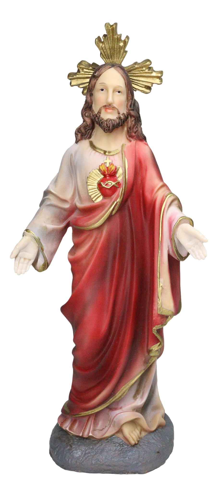 Catholic Sacred Heart of Jesus with Gold Crucifix Cross Medal Figurine 12"H - Ebros Gift