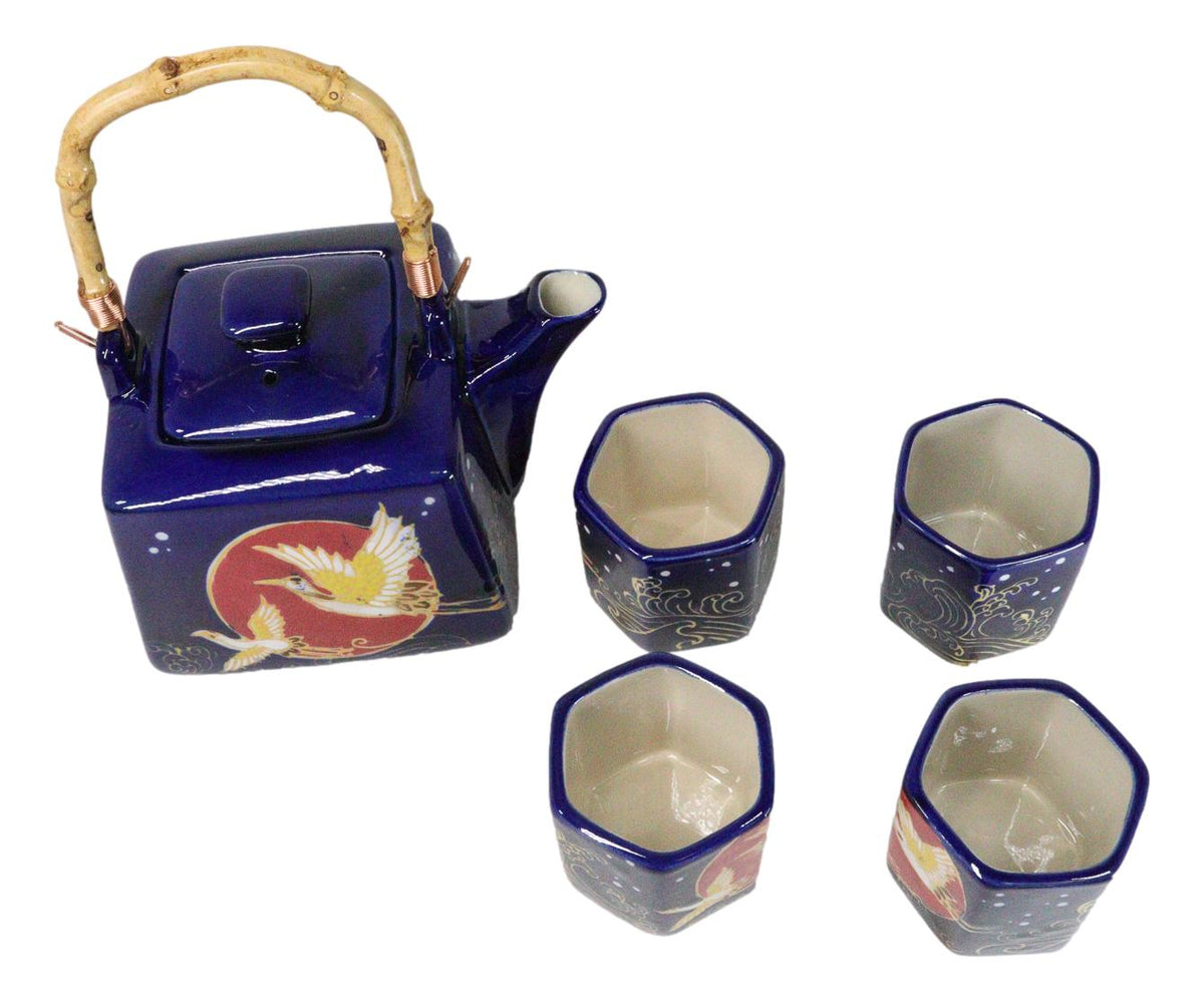 Golden Crane With Red Moon Blue Ceramic Hexagonal Teapot With 4 Tea Cups Set