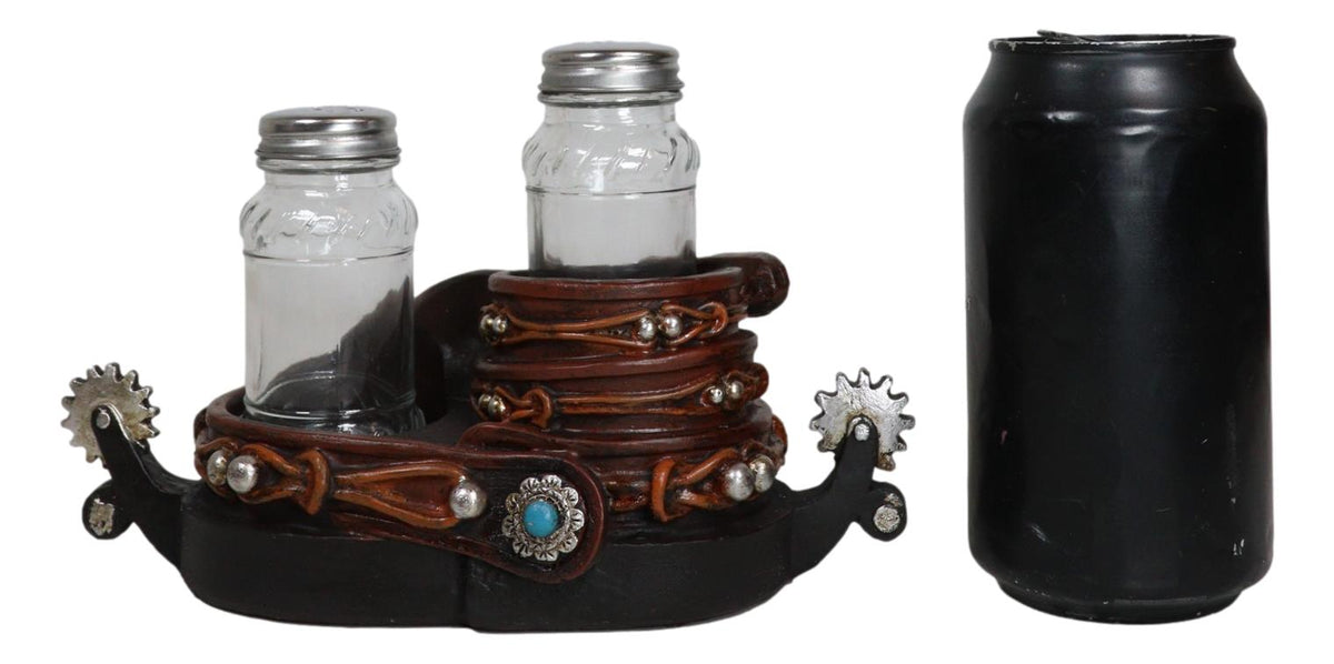 Western Cowboy Double Boot Spurs And Concho Faux Leather Salt Pepper Shakers Set - Ebros Gift