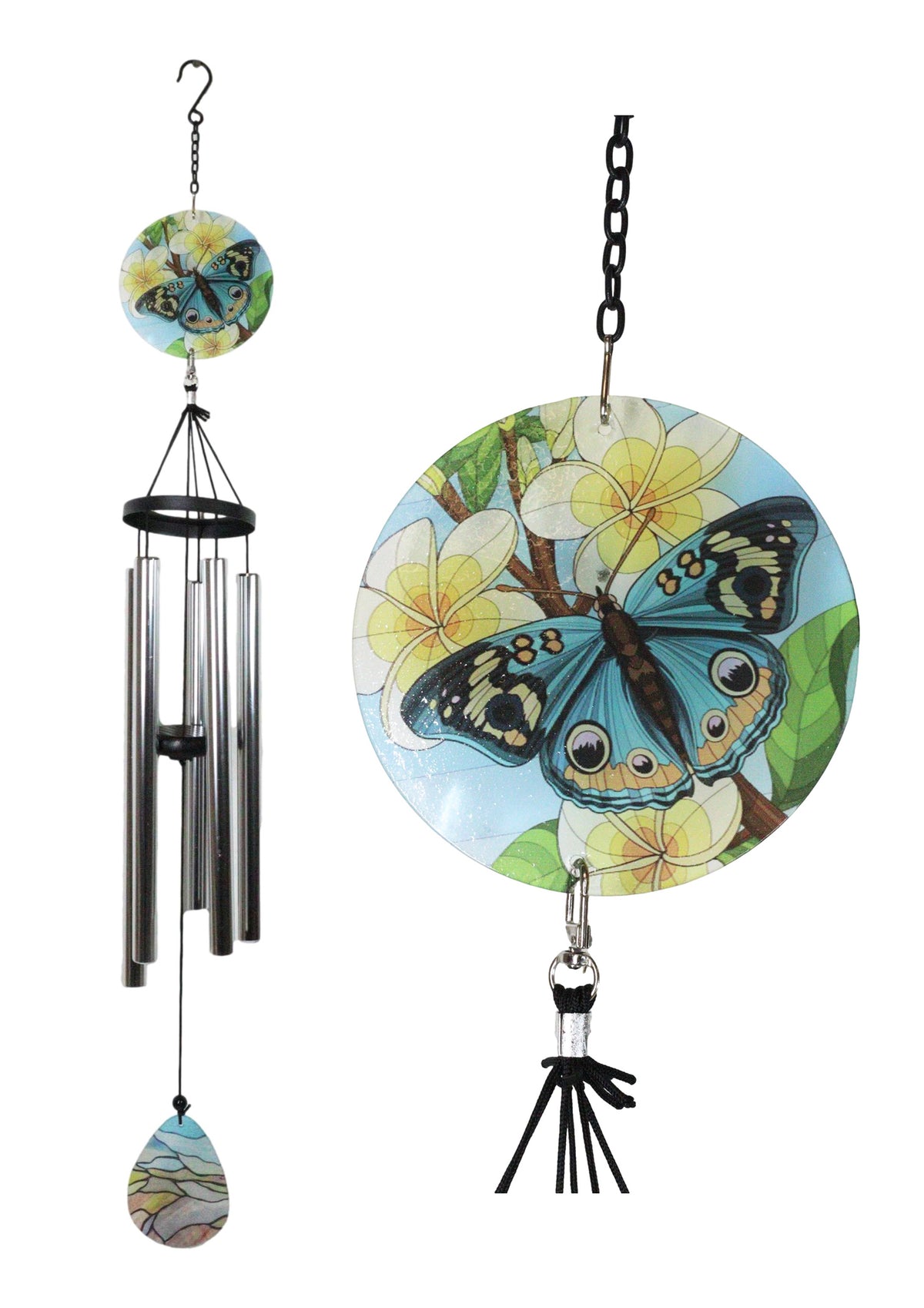 Blue Monarch Butterfly Colorful Art Glass Hanging Wind Chime With Metal Rods