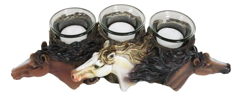 Rustic Western 3 Brown White Horses By Tree Logs Triple Votives Candle Holder