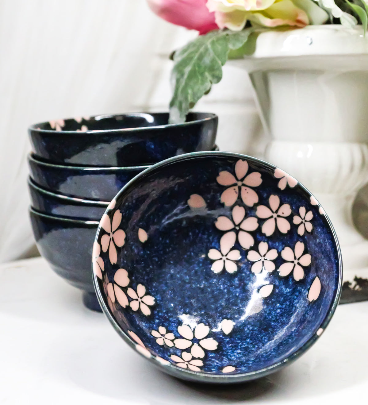 Pack Of 5 Blue Japanese Hasui Sakura Cherry Blossom Ceramic Large Rice Bowls