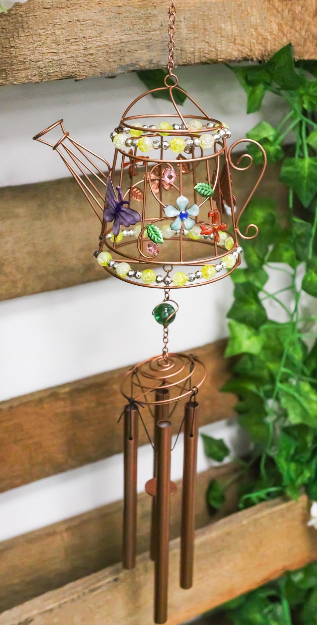 Monarch Butterflies On Garden Watering Can Art Glass Gemstones Metal Wind Chime