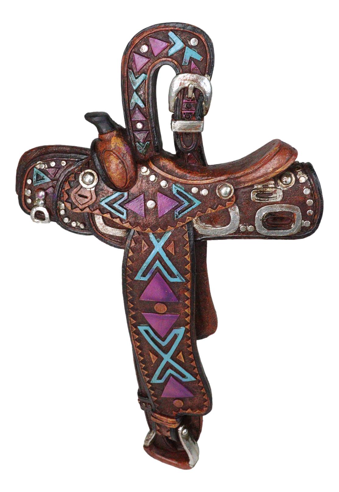 Country Western Rustic Horse Saddle Faux Tooled Leather Decorative Wall Cross