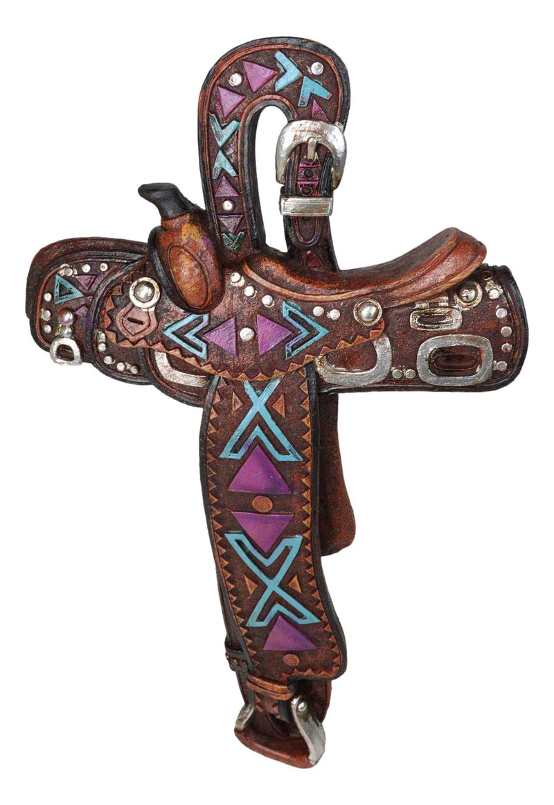 Country Western Rustic Horse Saddle Faux Tooled Leather Decorative Wall Cross
