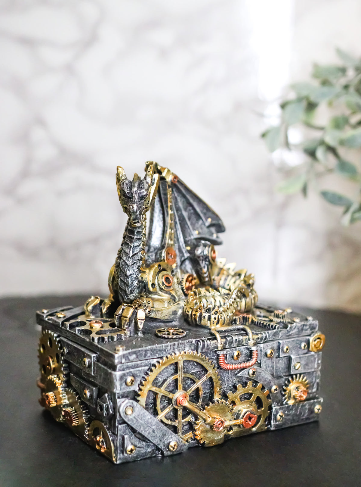 Steampunk Dragon Trinket Box Faux Gears & Pipes Clockwork Mechanical Sculpture