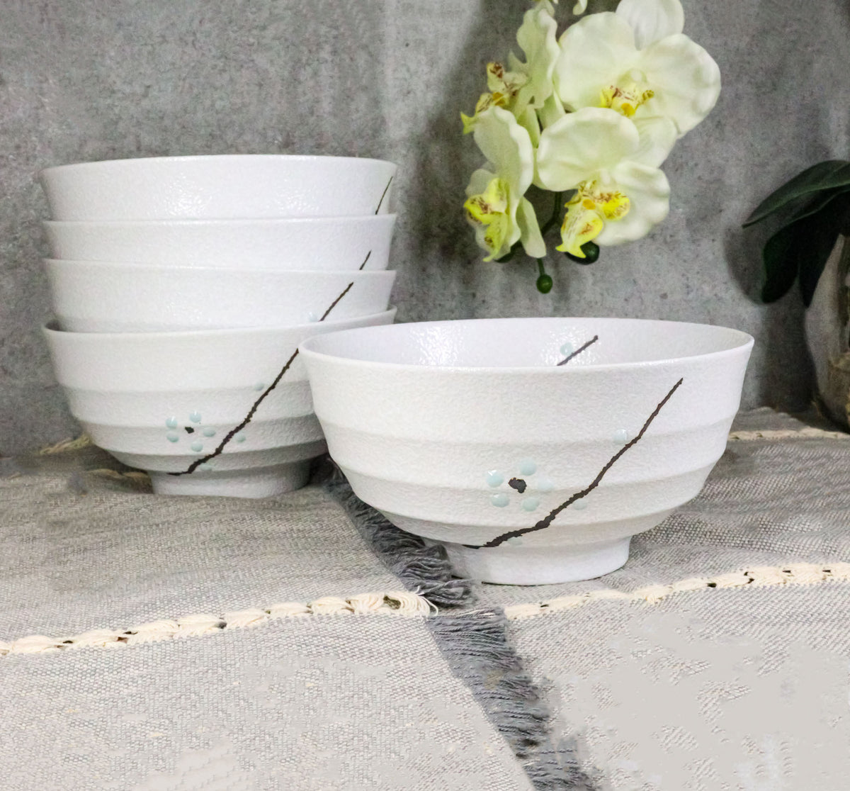 Set Of 5 Ceramic Yukino Hana Collection Medium Soup Cereal Salad Rice Bowls 24oz