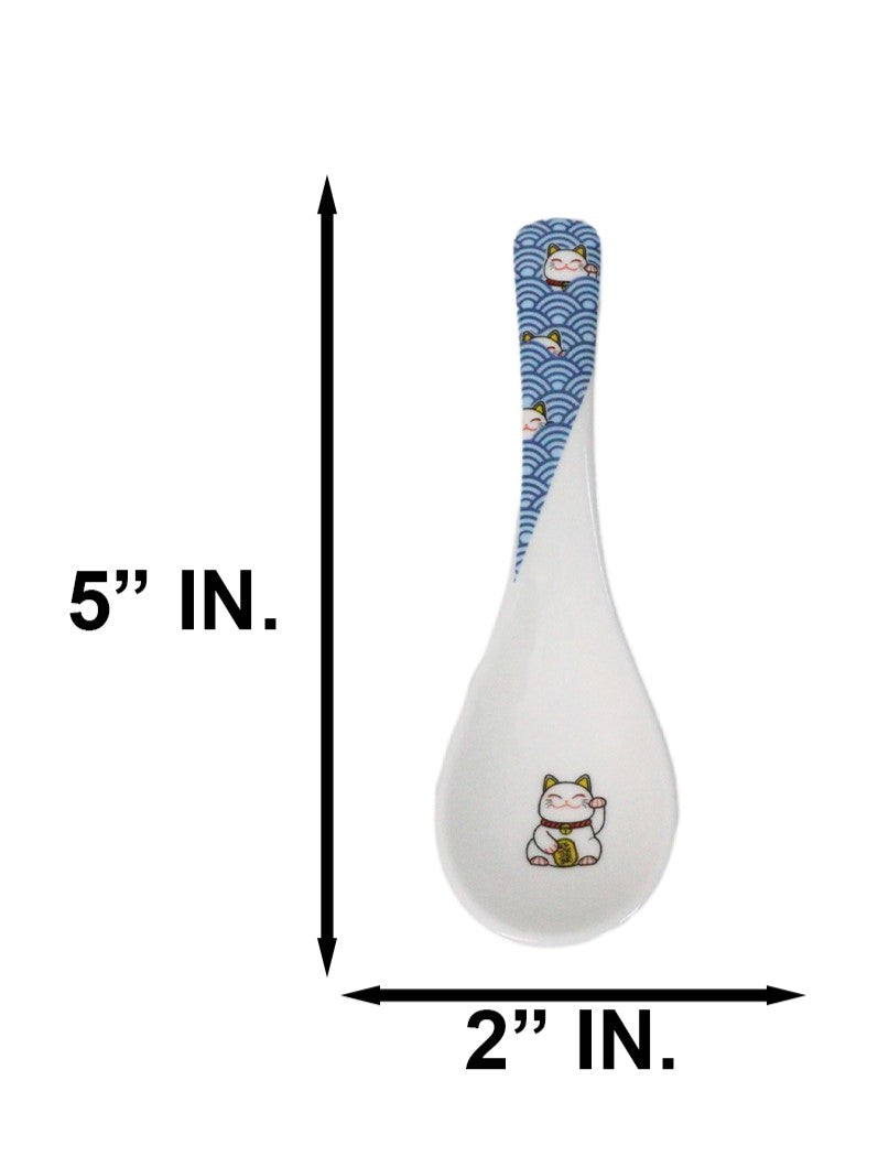 Set of 6 Lucky Cat Maneki Neko Porcelain Asian Soup Spoons Japanese Ramen Pho