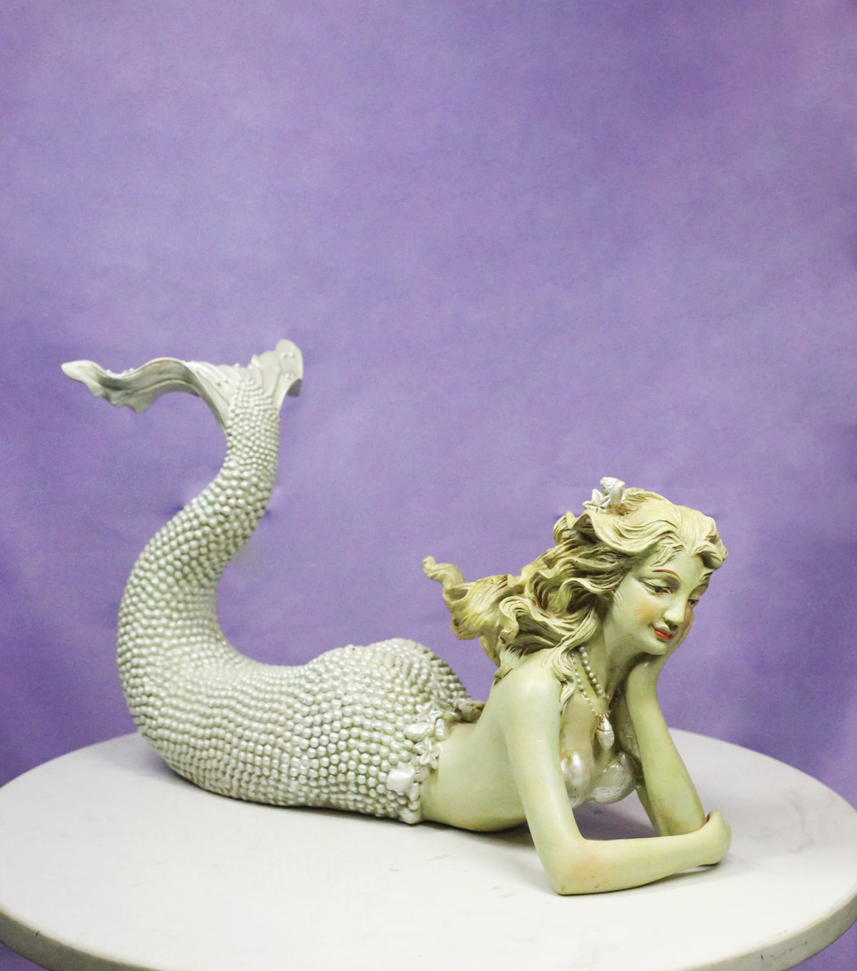 Nautical Marine Vintaged Pearly Mermaid Lying On Belly Daydreaming Figurine 13"L