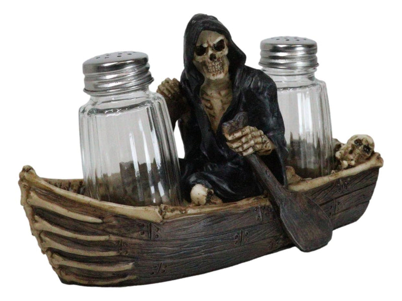 Grim Reaper Charon Skeleton Rowing Boat In River Styx Salt Pepper Shakers Holder