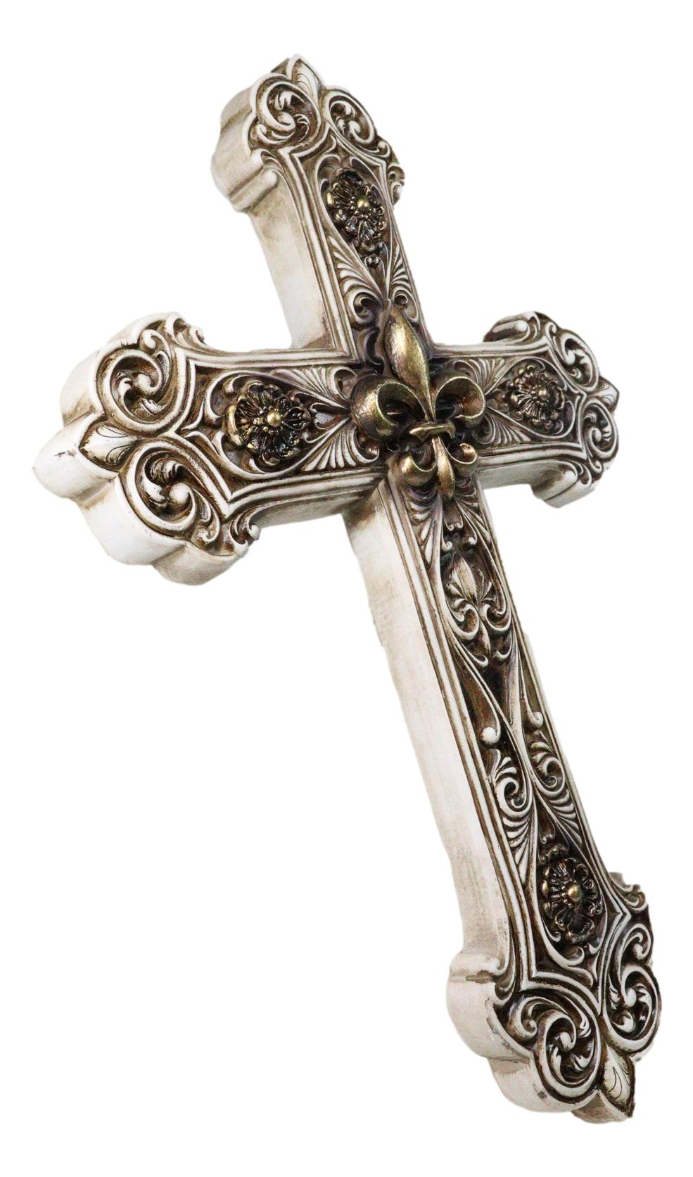 Rustic Royal French Fleur De Lis Emblem with Ornate Scrollwork Wall Cross Decor