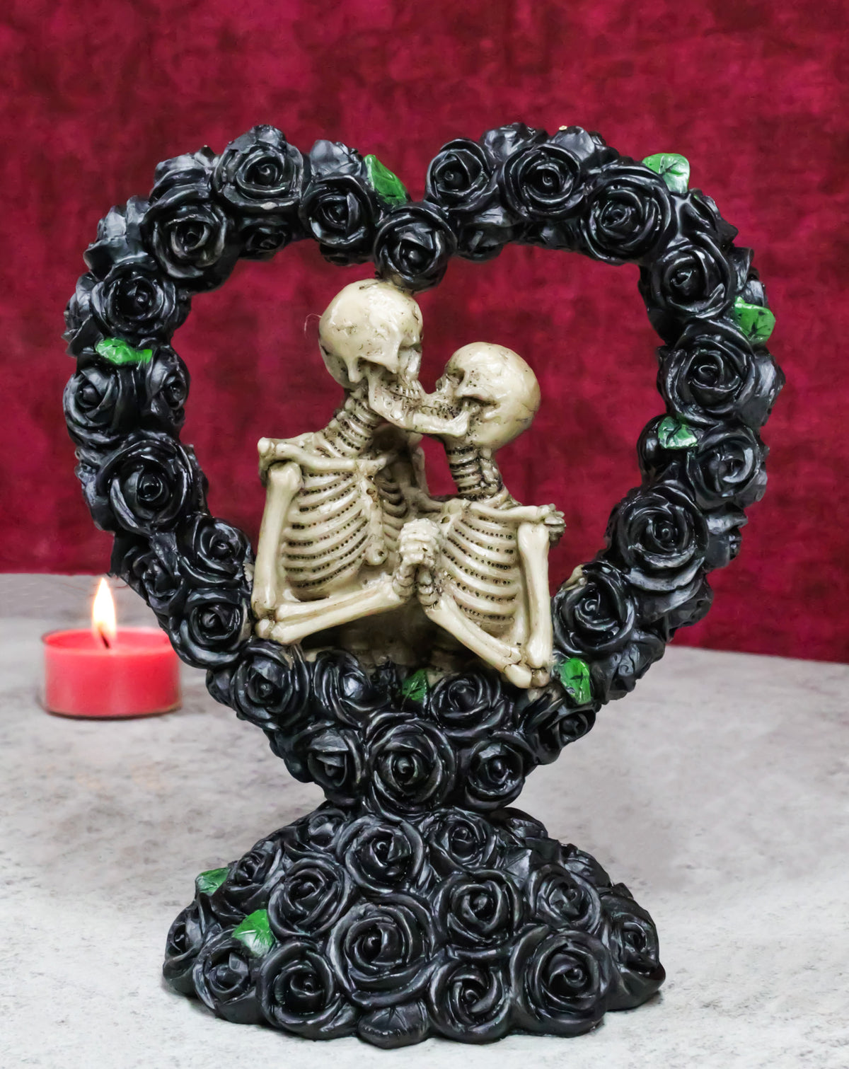 Love Never Dies Black Bridal Roses Heart Wreath Skeleton Couple Kissing Figurine - Ebros Gift