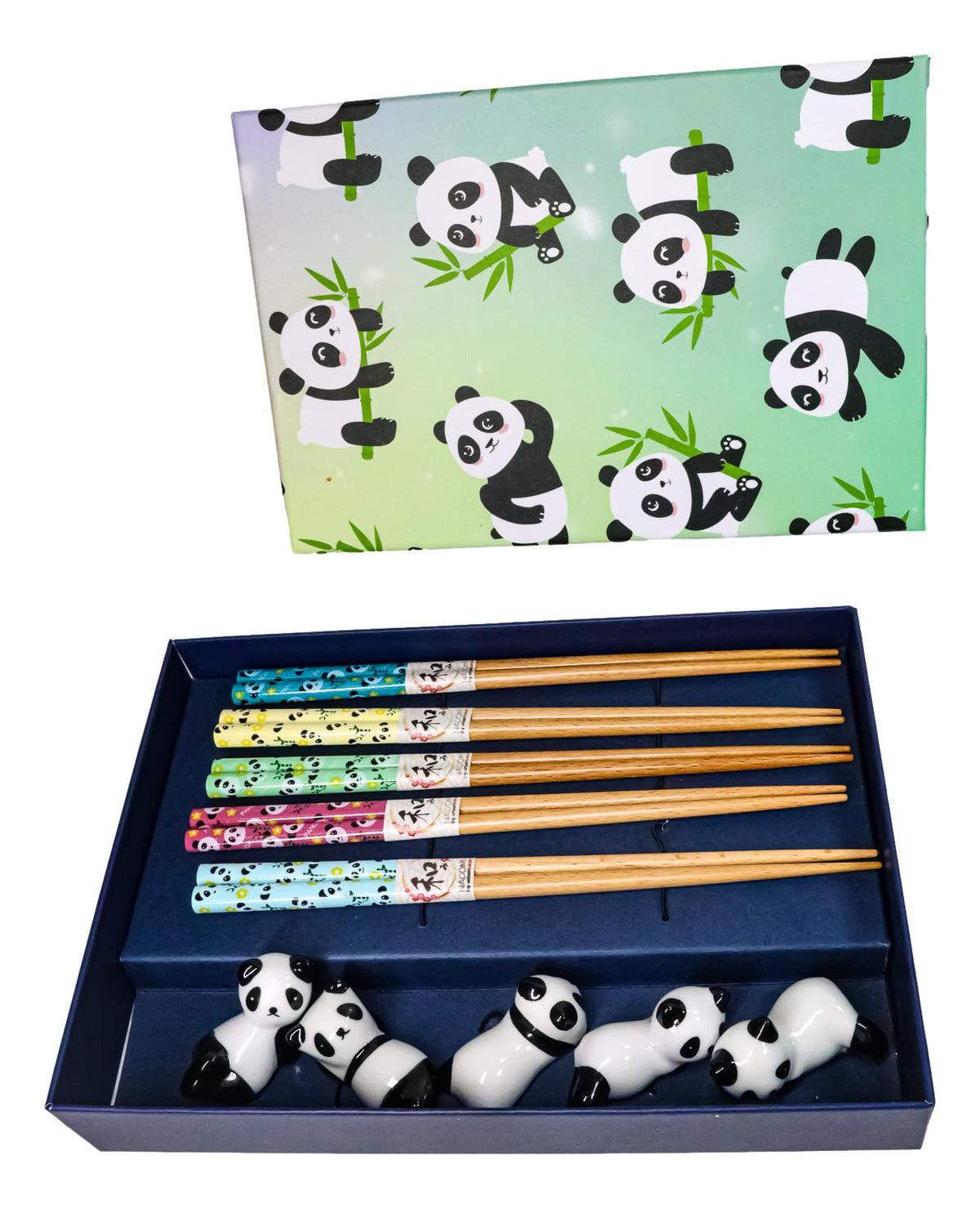 5 Pairs Of Playful Oriental Panda Bears Ceramic Rests With Wooden Chopsticks Set