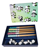 5 Pairs Of Playful Oriental Panda Bears Ceramic Rests With Wooden Chopsticks Set
