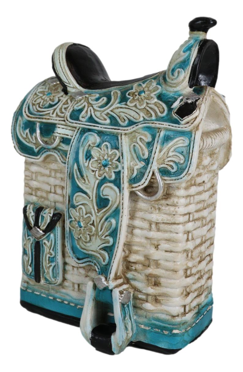 Rustic Western Turquoise Cowboy Horse Saddle With Floral Design Coin Piggy Bank
