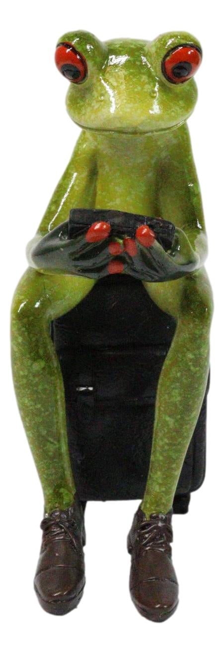 World Traveler Green Frog With Slack Shoes Sitting On Suit Case Luggage Figurine