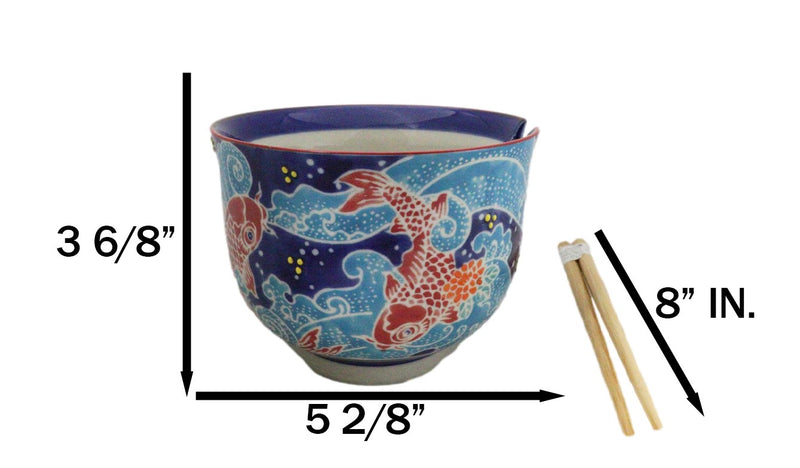 Auspicious Red Koi Fishes In Blue Waters Donburi Ramen Bowl With Chopsticks Set