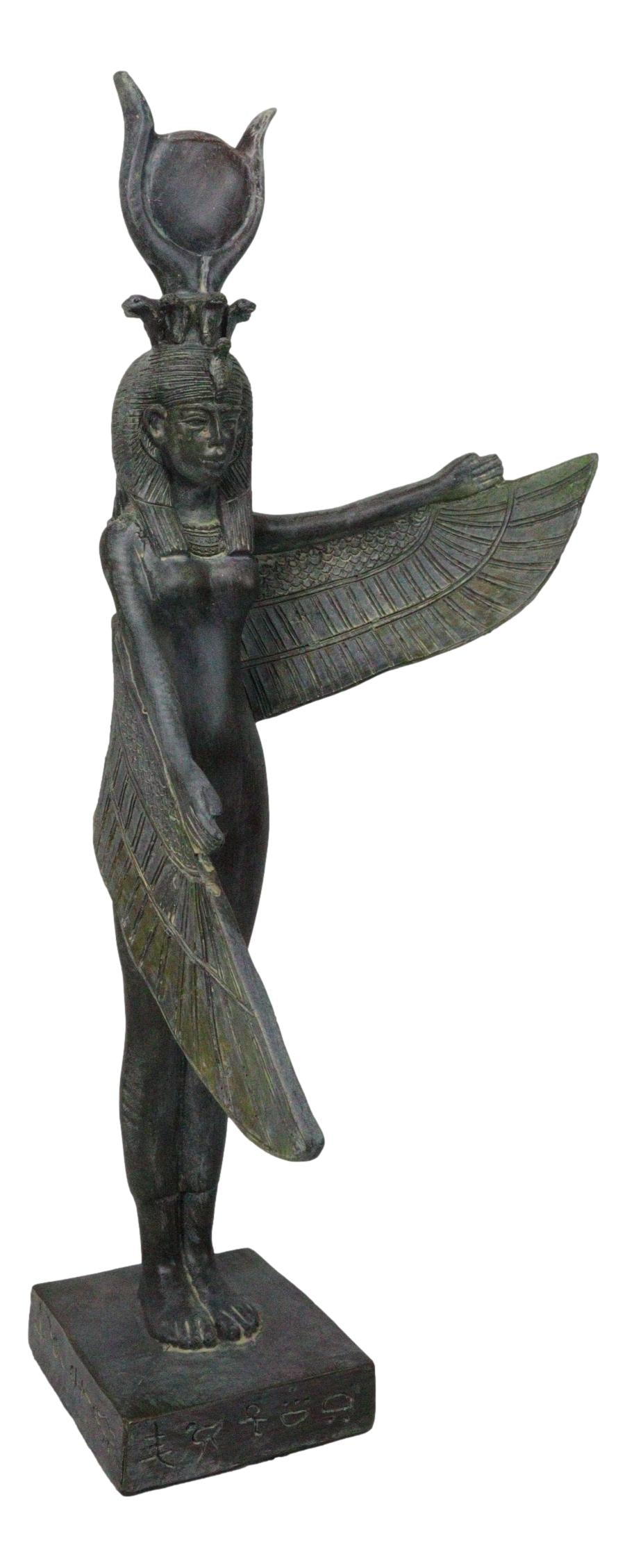 Goddess Isis Ra With Raised Left Wing On Hieroglyphic Base Figurine 14" Tall
