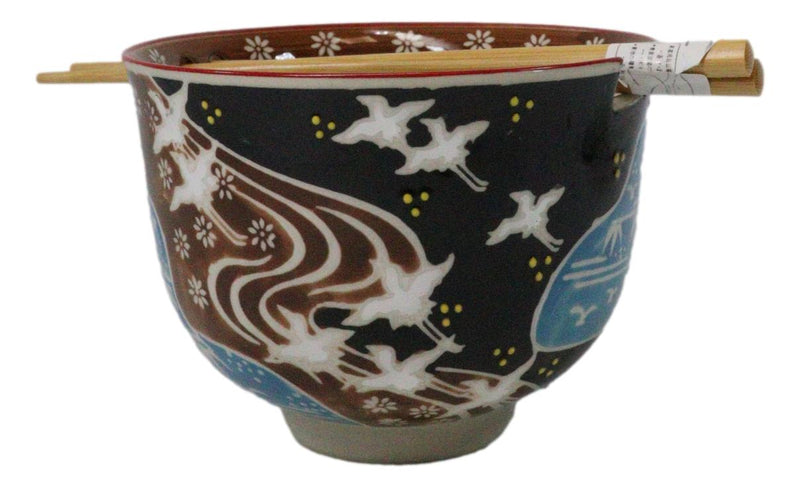 White Japanese Cranes Ceramic Donburi Ramen Soup Bowl With Chopsticks Set