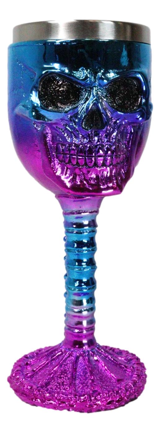 Metallic Blue And Pink Plated Skull With Skeleton Spine And Bones Wine Goblet