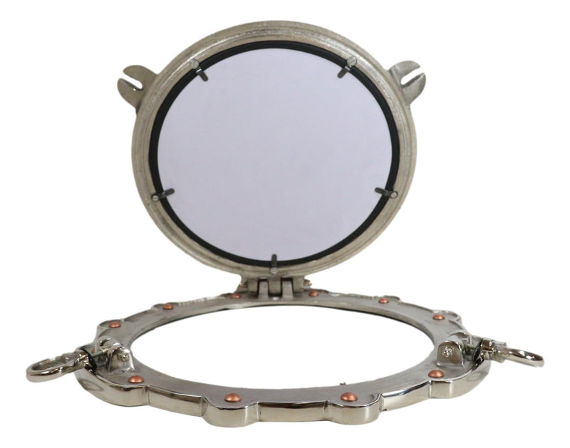 Polished Aluminum Nautical Marine Round Ship Porthole Folding Wall Mirror 14.5"D