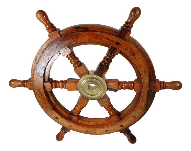 Nautical Marine Vintage Hardwood Wood & Brass Ship Steering Helm Boat Wheel 18"D