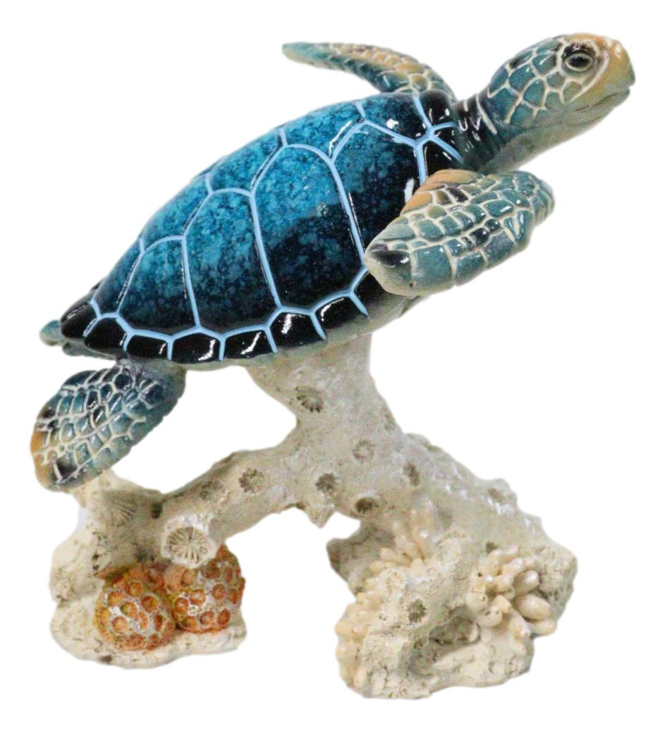 Ebros Sea Turtle Blue Shell Swimming Over Coral Reef Resin Figurine 4.25"H