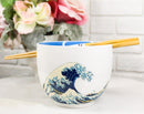 Great Wave Of Kanagawa Hokusai Ceramic Donburi Ramen Soup Bowl Chopsticks Set