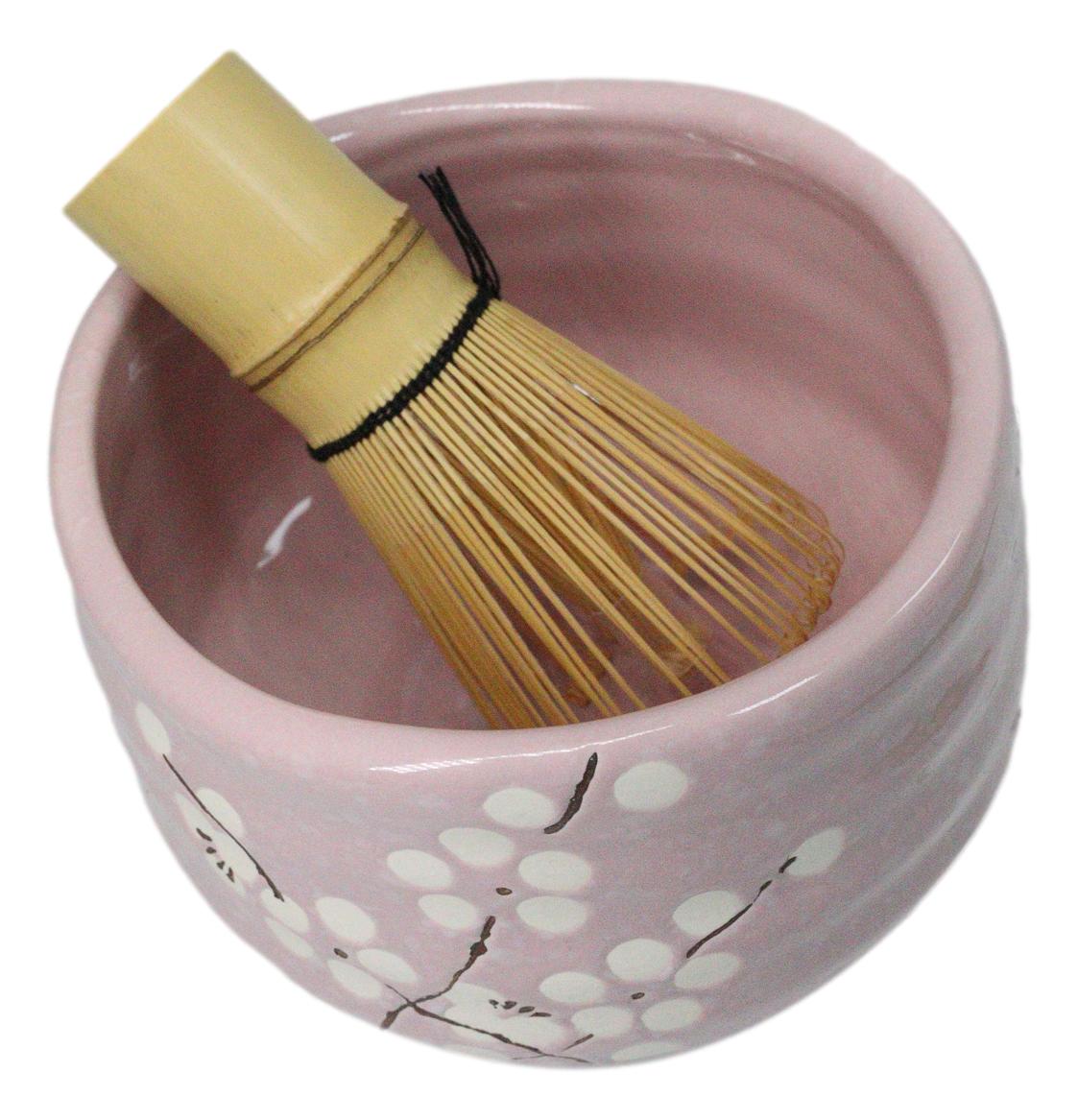 Pink Sakura Blossoms Ceramic Japanese Matcha Green Tea Bowl Whisk & Scoop Set