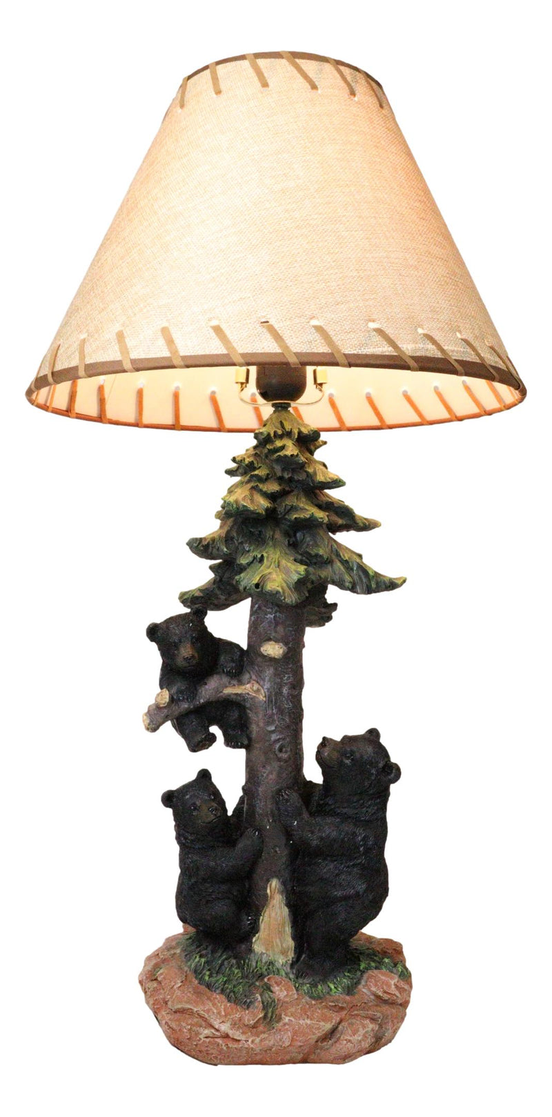 Rustic Western Forest Black Mama Bear With Cubs Climbing On Pine Tree Table Lamp