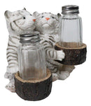 Siberian Snow White Tiger Couple Salt and Pepper Glass Shakers Holder Figurine