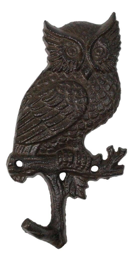 Pack of 2 Cast Iron Rustic Great Horned Owl On Twig Wall Coat Keys Leashes Hooks