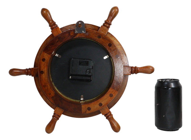 Nautical Vintage Wood and Brass 6 Spokes Ship Steering Helm Wheel Wall Clock