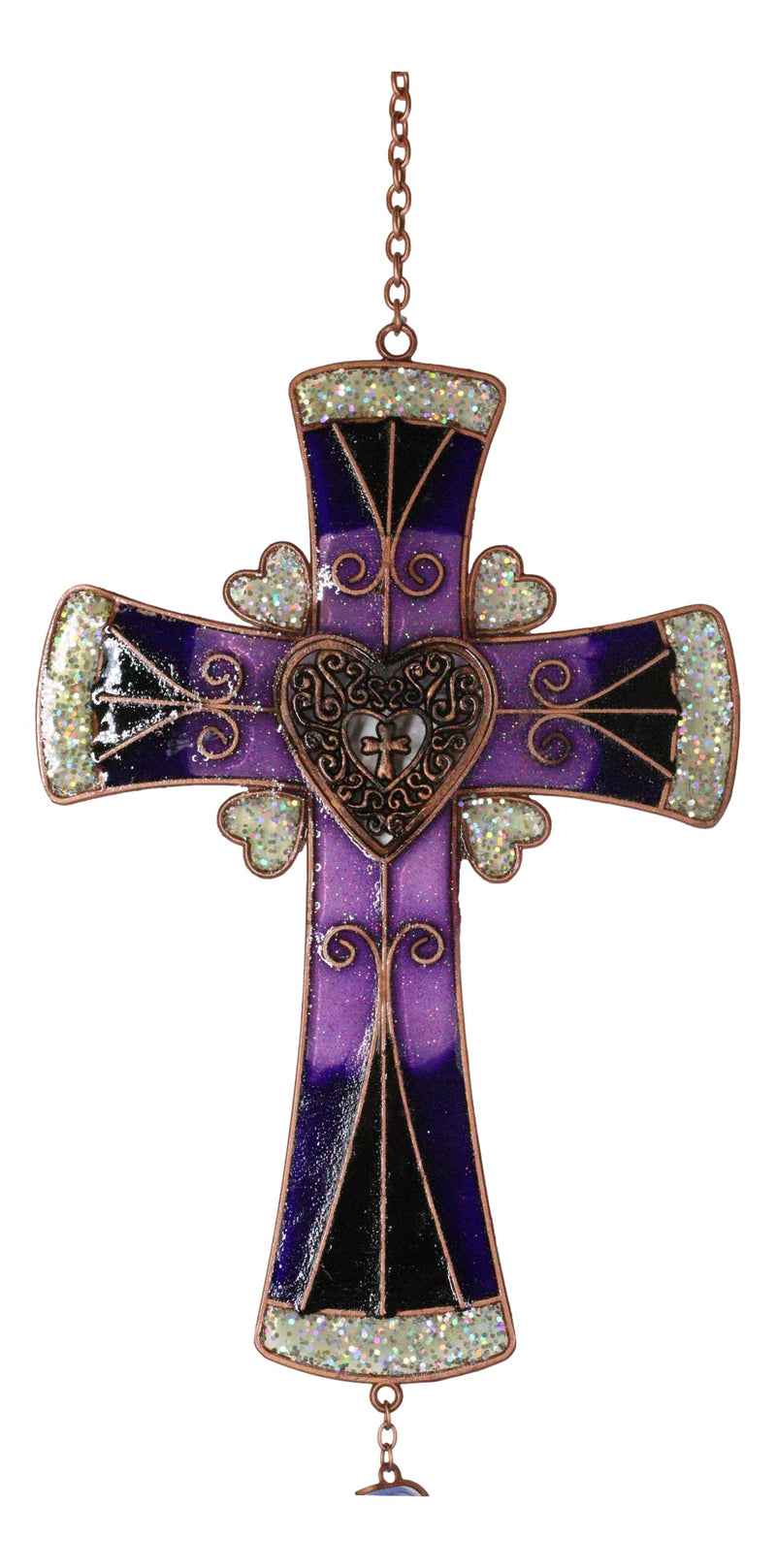 Purple Floral Scroll Hearts Christian Cross Art Glass Metal Resonant Wind Chime