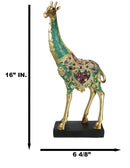 Large Safari Savannah Green Bejeweled Masai Giraffe With Black Base Figurine 16"