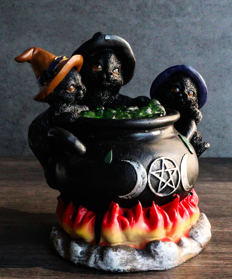 Wiccan Witch Hats Trio Kitten Cats Sitting In Triple Moon Fire Cauldron Figurine
