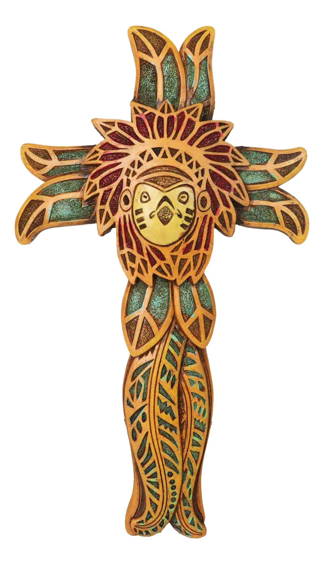 Native American Indian Owl Chief with Headdress Floral Faux Wooden Wall Cross