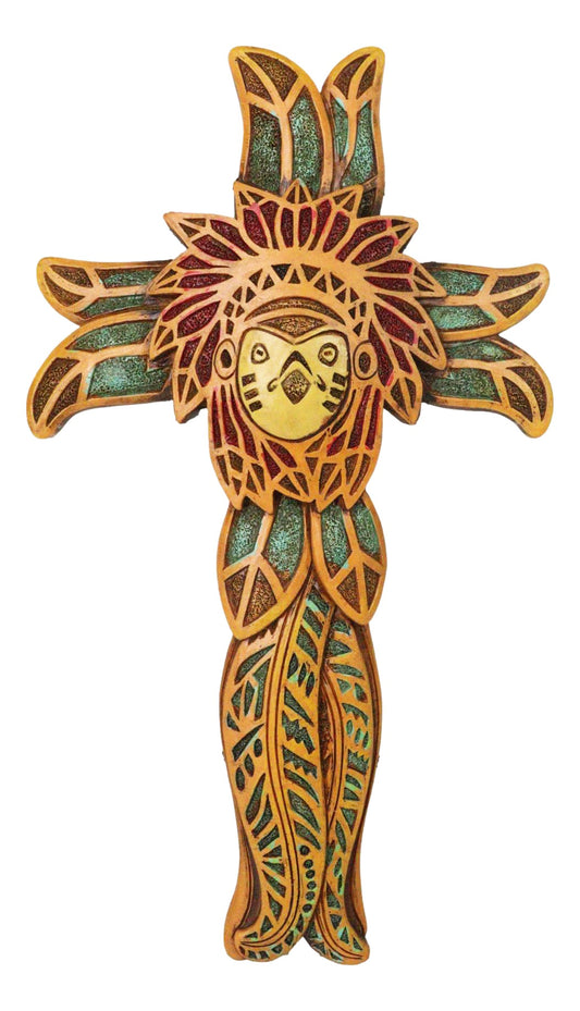 Native American Indian Owl Chief with Headdress Floral Faux Wooden Wall Cross