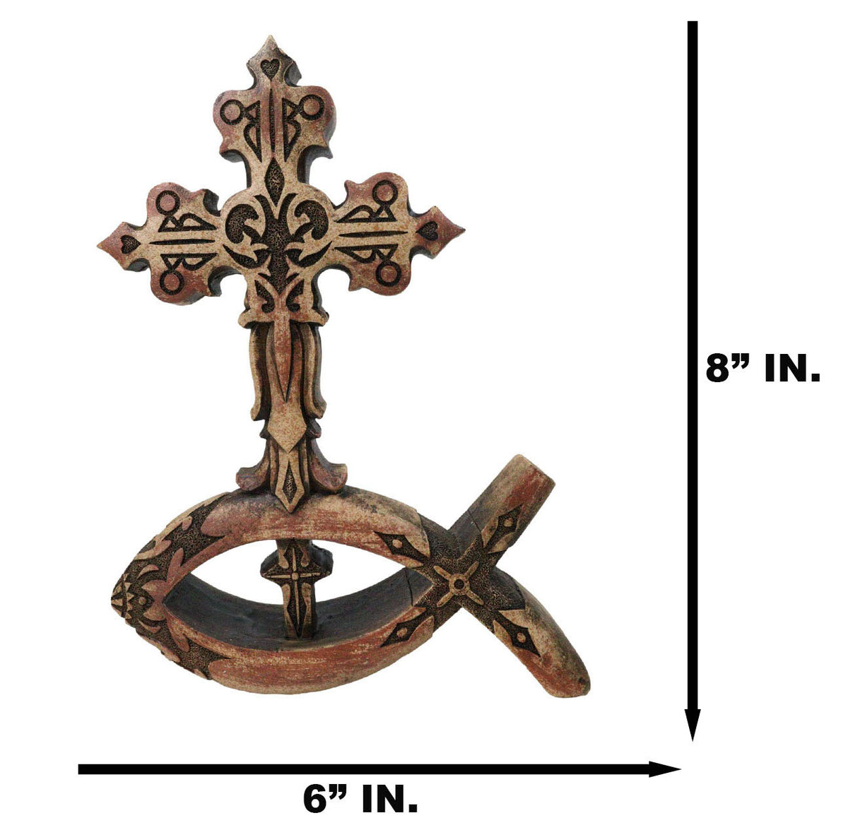 Christian Tuscany Scrollwork Cross On Jesus Fish Ichthys Base Faux Wood Figurine