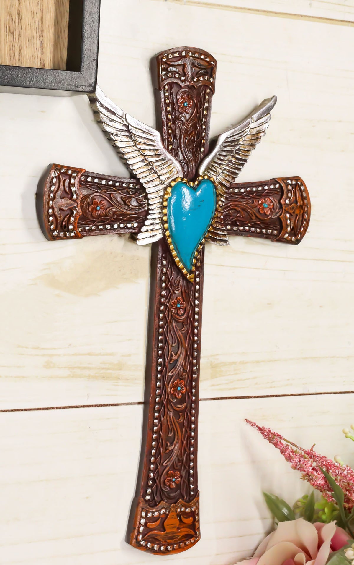 Western Boho Chic Turquoise Heart Angel Wings Tooled Floral Leather Wall Cross - Ebros Gift