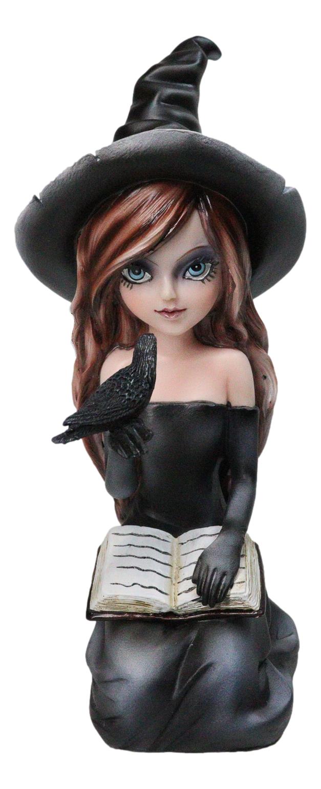 Gothic Pretty Enchantress Witch Holding Spell Book And Black Raven Crow Figurine