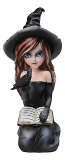 Gothic Pretty Enchantress Witch Holding Spell Book And Black Raven Crow Figurine