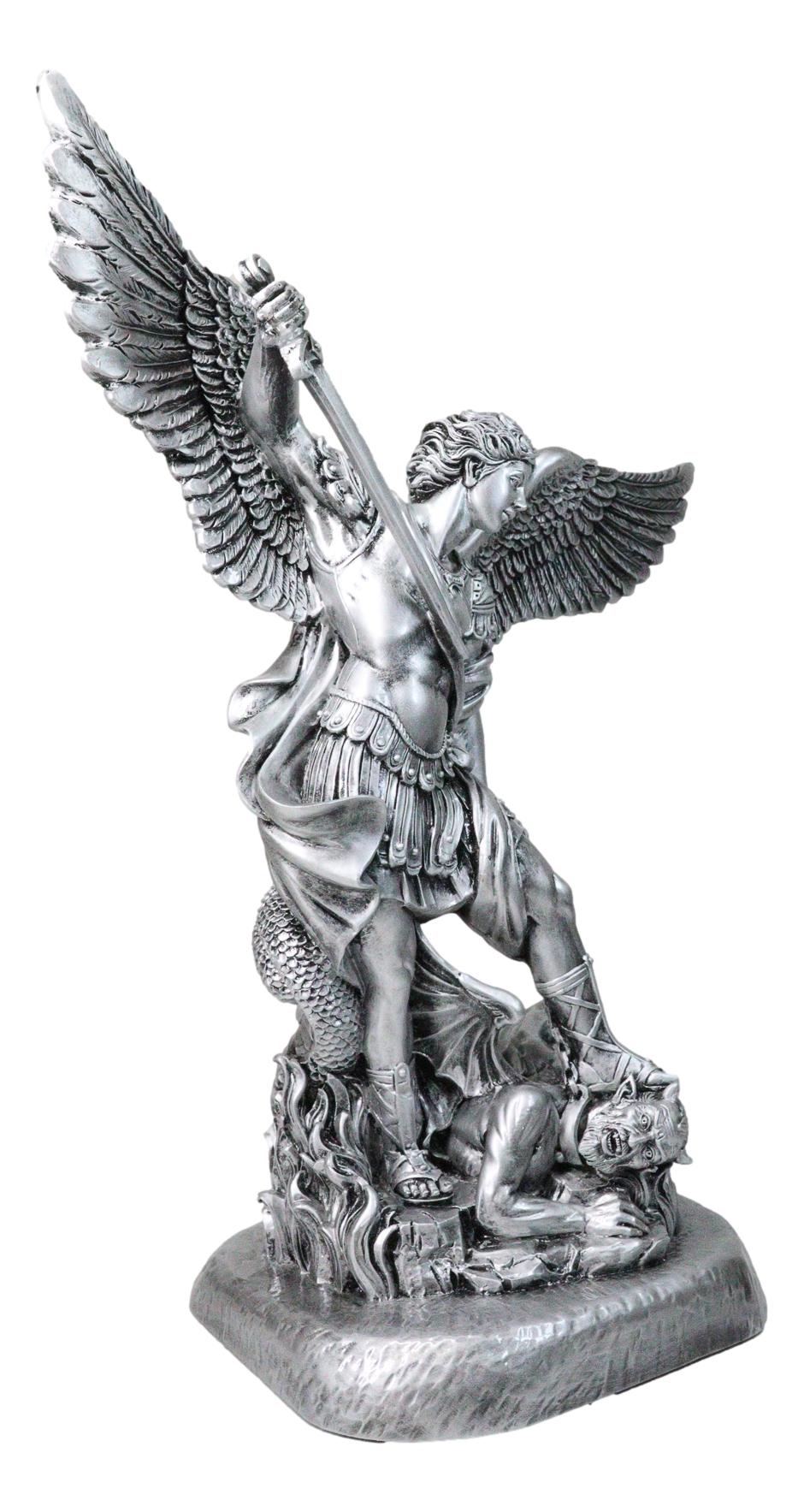 Italian Silver Archangel Saint Michael Trampling Satan With Sword Statue 16"H - Ebros Gift