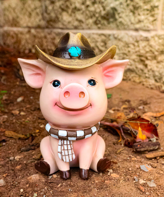 Rustic Western Comical Sitting Pig with Turquoise Cowboy Hat and Scarf Figurine