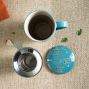 Turquoise Japanese Crane 15oz Porcelain Tea Mug With Lid Stainless Steel Infuser