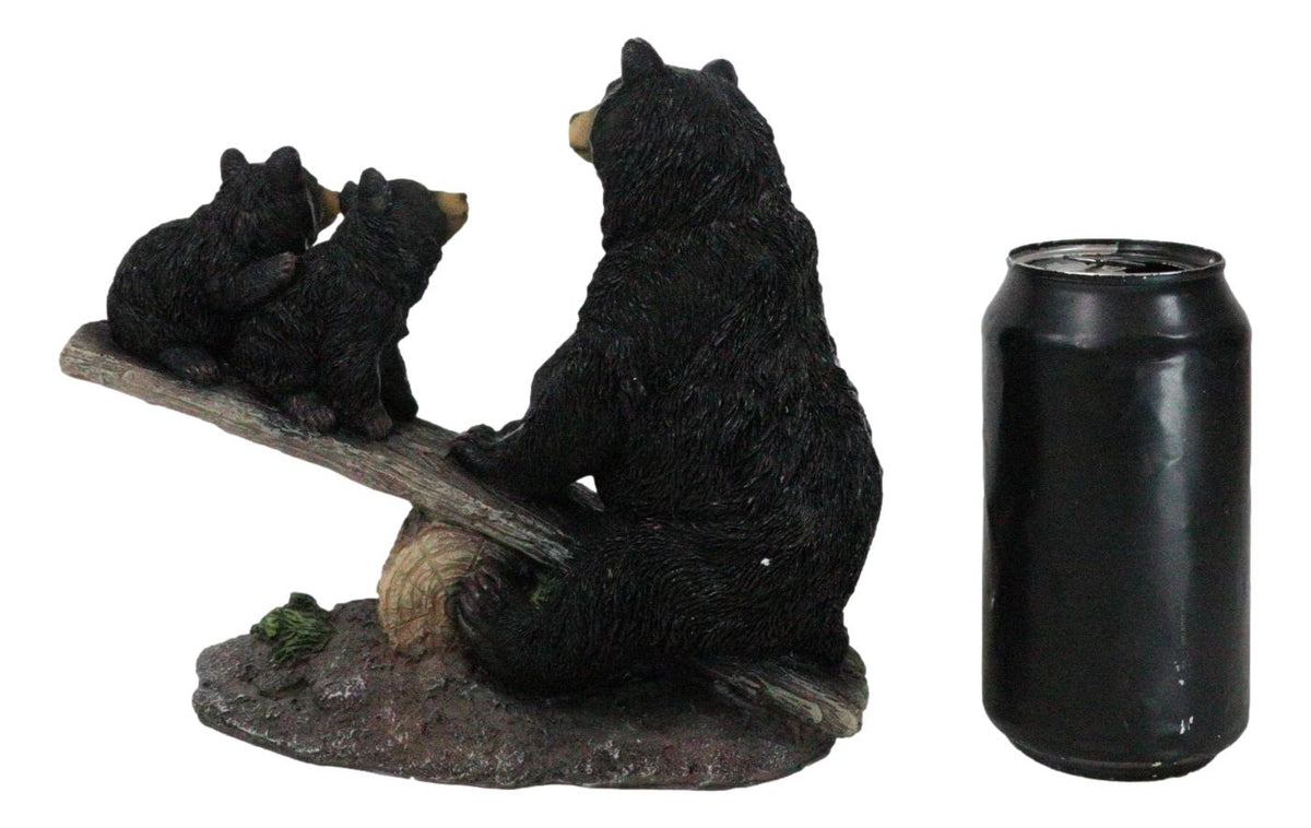 Rustic Forest Black Bear Mother and 2 Cubs Sitting On Tree Logs Seesaw Figurine